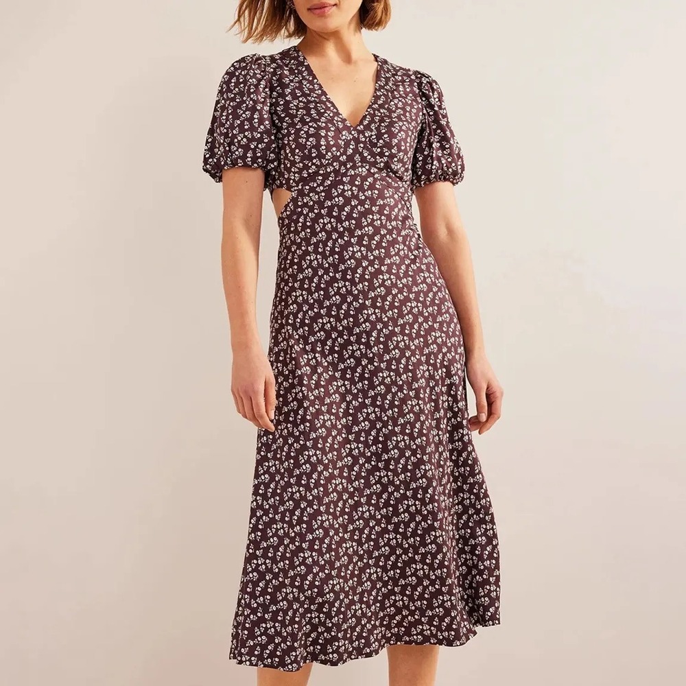 Boden Floral Cutout Midi Dress Size 4P Burgundy Puff Sleeve Cottagecore